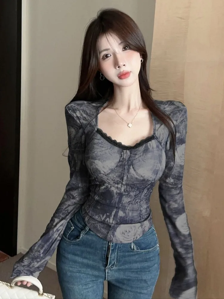 

Pure Desire Spicy Girl Show Body Fishbone Long Sleeve T-Shirt Women Autumn Winter with Chest Pad Lace Mesh Base Shirt Inner Wear