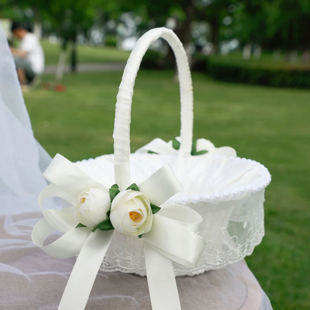 سلة زهور منسوجة رقيقة، سلة ريفية بشريط رومانسي لحفلات الزفاف، هدايا تعبئة الهدايا