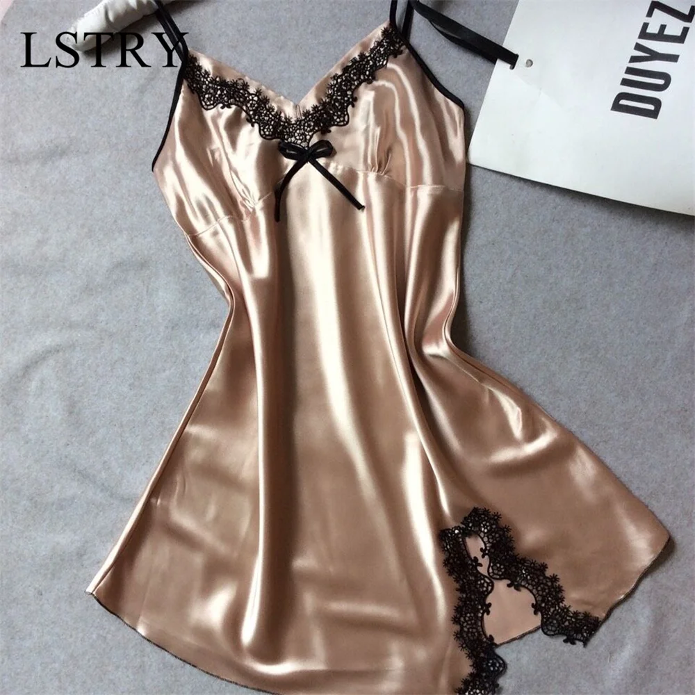 Sexy Sleepwear Lady Sexy Silk Satin Night Dress V-neck Nightgown Plus Size Nightdress Lace Nightwear for Women Nighty for Ladies