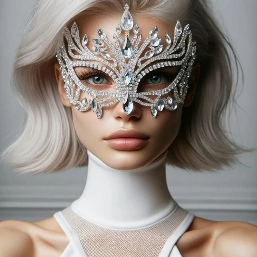 Luxury Rhinestone Silver Masquerade Mask Elegant Venetian Mask Body Chain Glam Design Halloween Party Jewelry