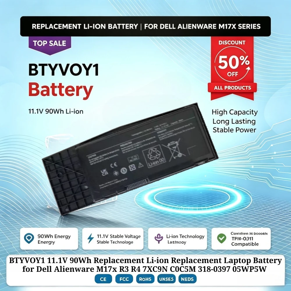 BTYVOY1 11.1V 90Wh Replacement Li-ion Replacement Laptop Battery for Dell Alienware M17x R3 R4 7XC9N C0C5M 318-0397 05WP5W