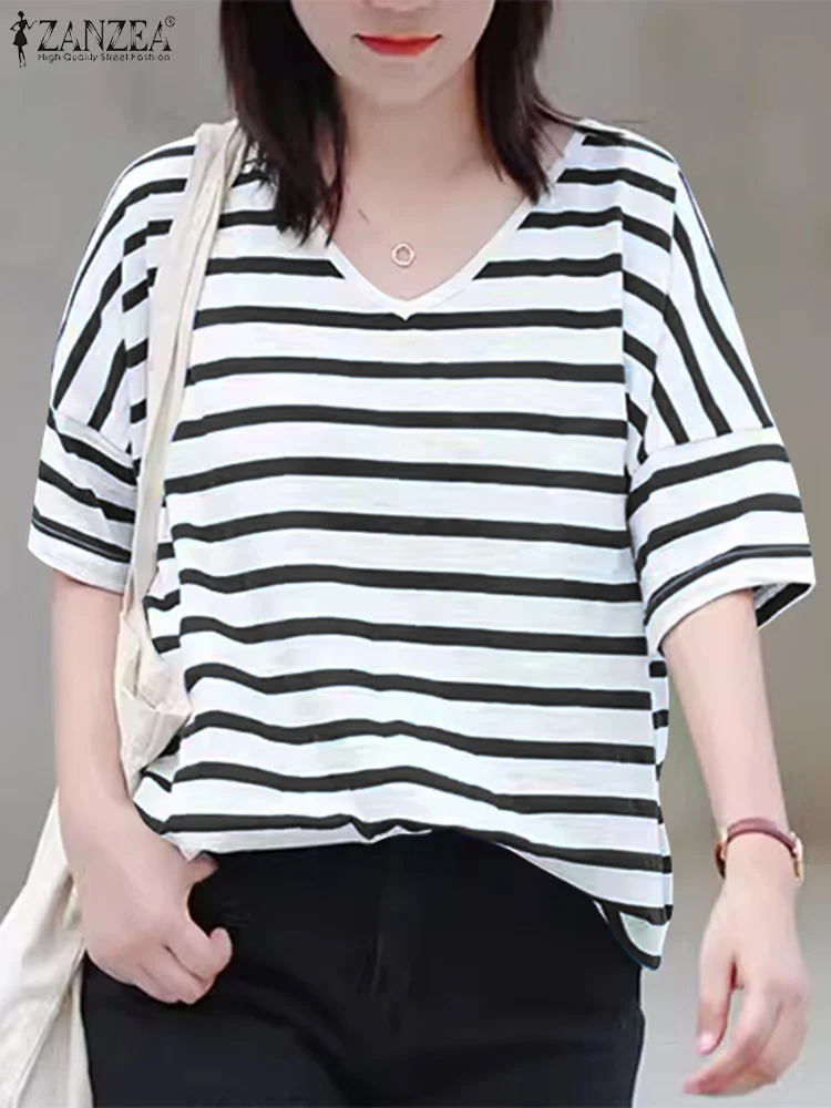 ZANZEA Women Stripe Print Tees Korean Fashion Half Sleeve Tunics 2024 Summer Holiday V-neck Loose Tops Simple Basic T-shirt