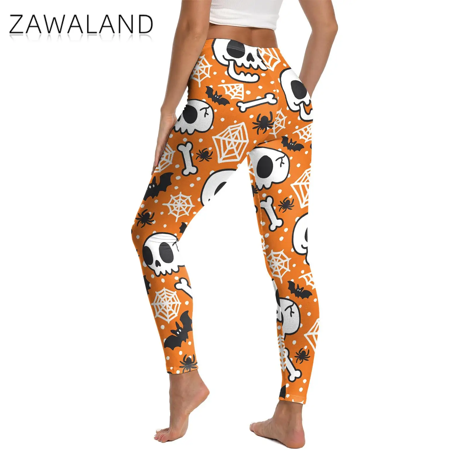 Zawaland Tights Bottoms Women Halloween Pumpkin Skull Print Pants Gothic Style Fitness Ankle Pants Sexy Stretch Slim Legging