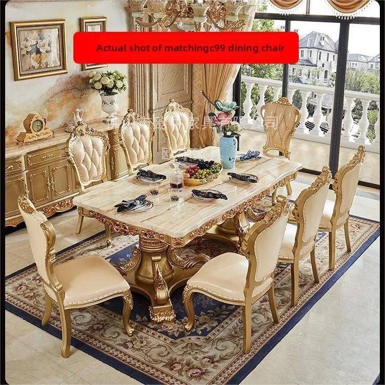 

European 10 people marble rectangular dining table and chairs combination villa restaurant solid wood carving flower 234