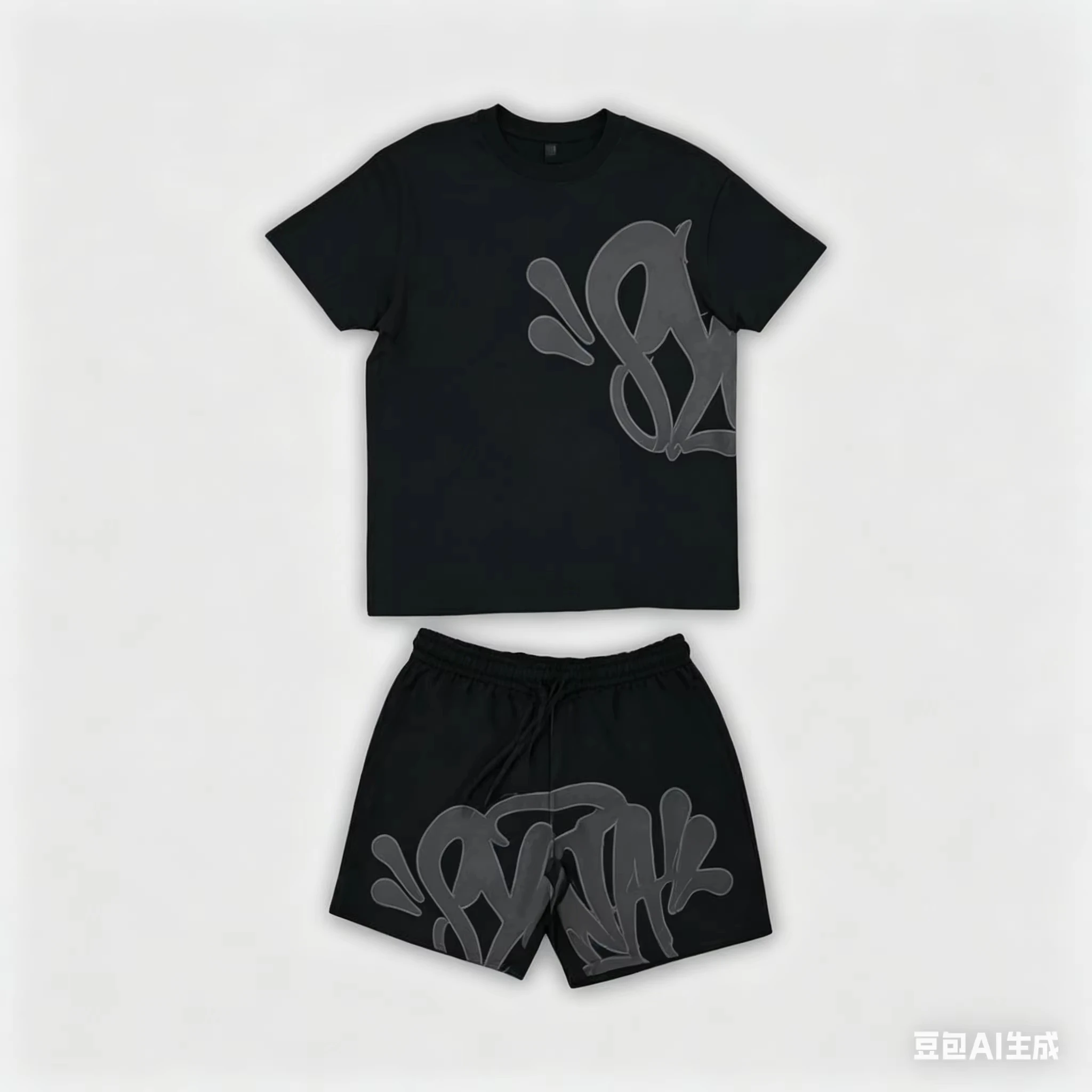 2026 Summer New Style Unisex Abstract Graffiti Graphic 2 Piece Tracksuit Black Tee and Elastic Waist Shorts for Kids Streetwear