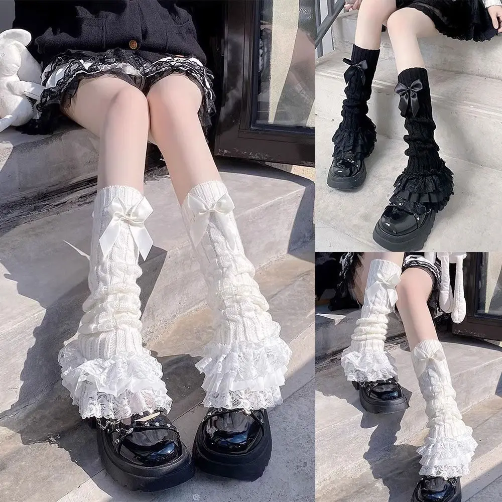 Ruffled Design Knitted Leg Warmer Warm Knitted Fabric Lace Trim Lace Lolita Socks Bow Tiered T-shaped Lace Socks Winter Season