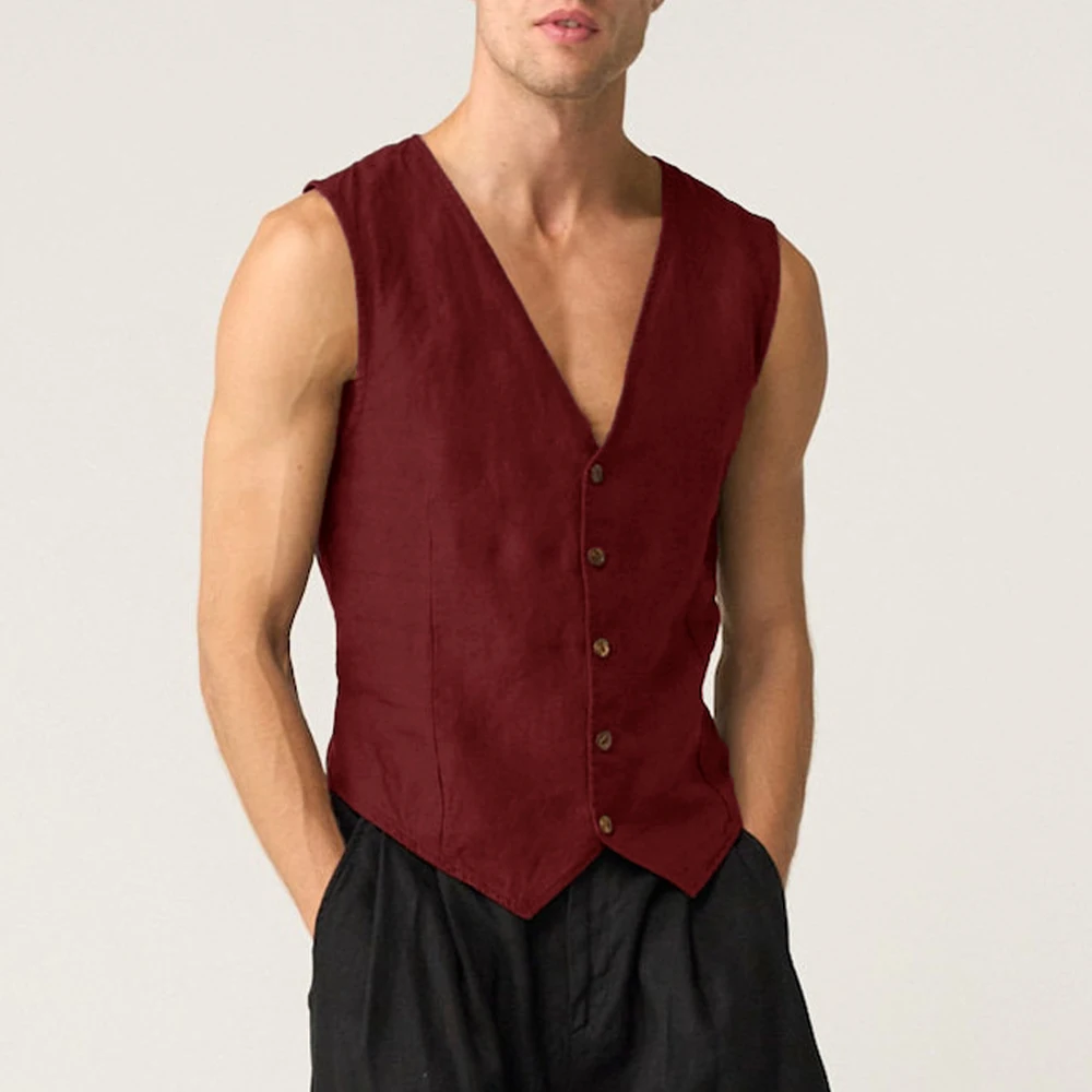 Linen Casual Men\'s Vest Male Summer Single Breasted Suit Vests V Neck Vintage Cool Sleeveless Jacket for Men Waistcoat
