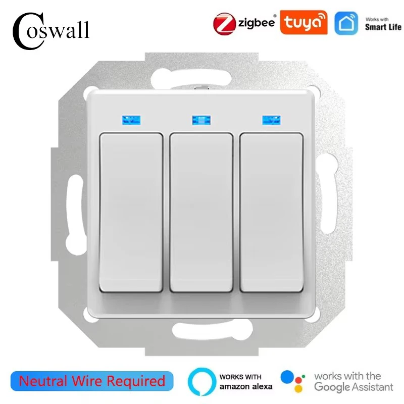 COSWALL Zigbee Tuya Smart Wall Switch 3 Gang Power Switch Alice DIY Module Black White