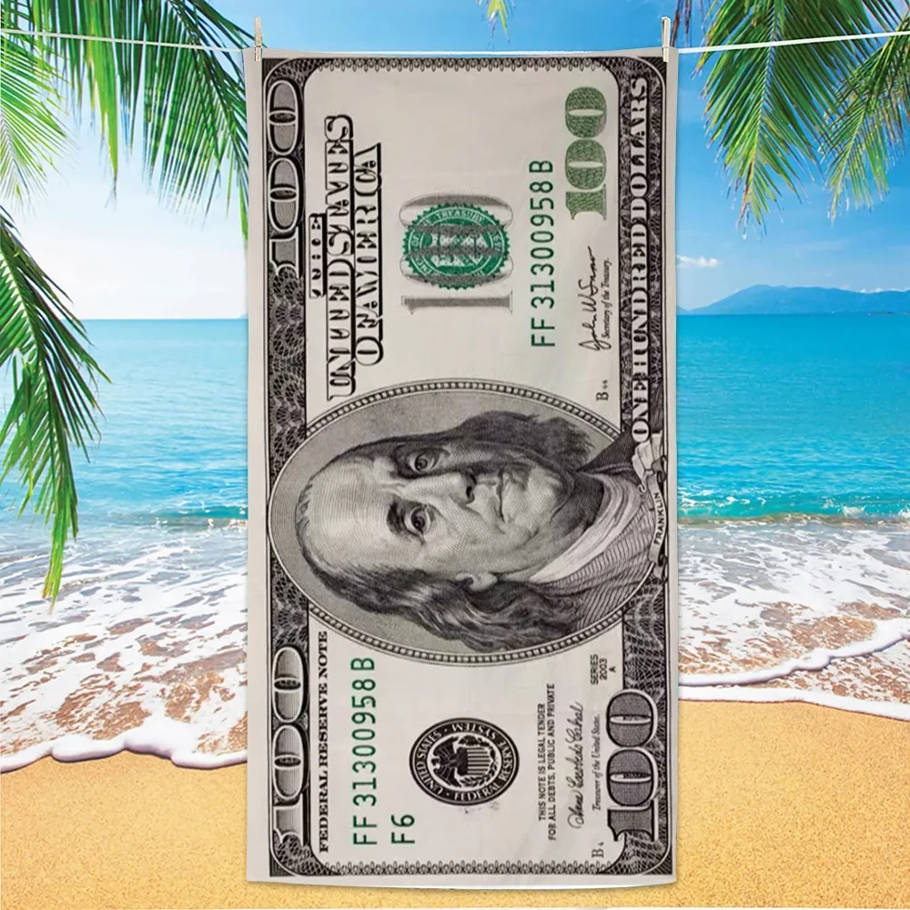 100 Dollar Bill Beach Towel, Benjamin Franklin Portrait Microfiber Towel, Soft Quick Dry Bath Towel for Swimming Yoga Travel