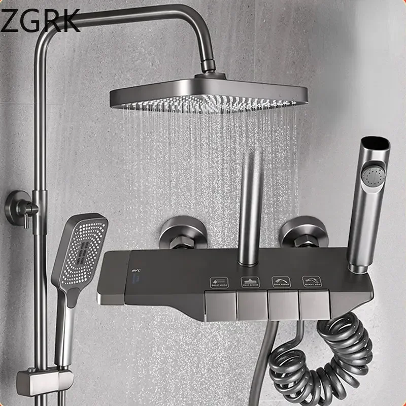 Home Shower Faucet Set Brass Intelligent Toilet Shower System Digital Display Gun Gray Thermostatic Faucet Shower Set