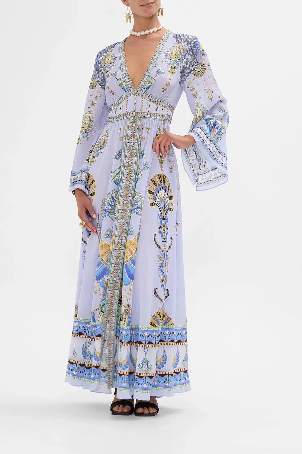 

Women‘s Long Robes 2024 New Rhinestones Beaded 100% Silk Flower Printed V-Neck Elastic Waist Full Sleeve Vintage Long Dress