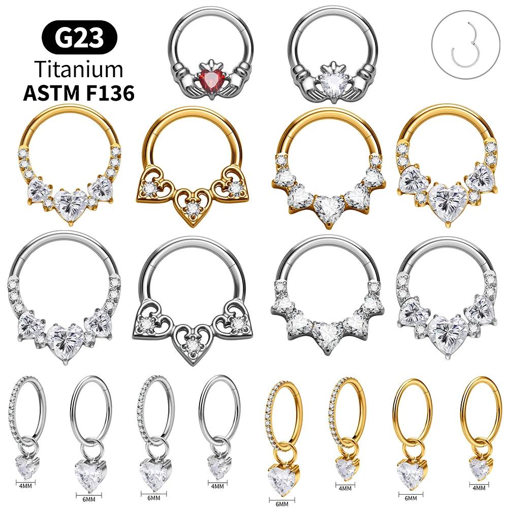 Titanium Heart Clicker Set Septum Ring CZ Pave Segment Hoop Helix Tragus Labret Medusa Conch Piercing Jewelry Anatomy