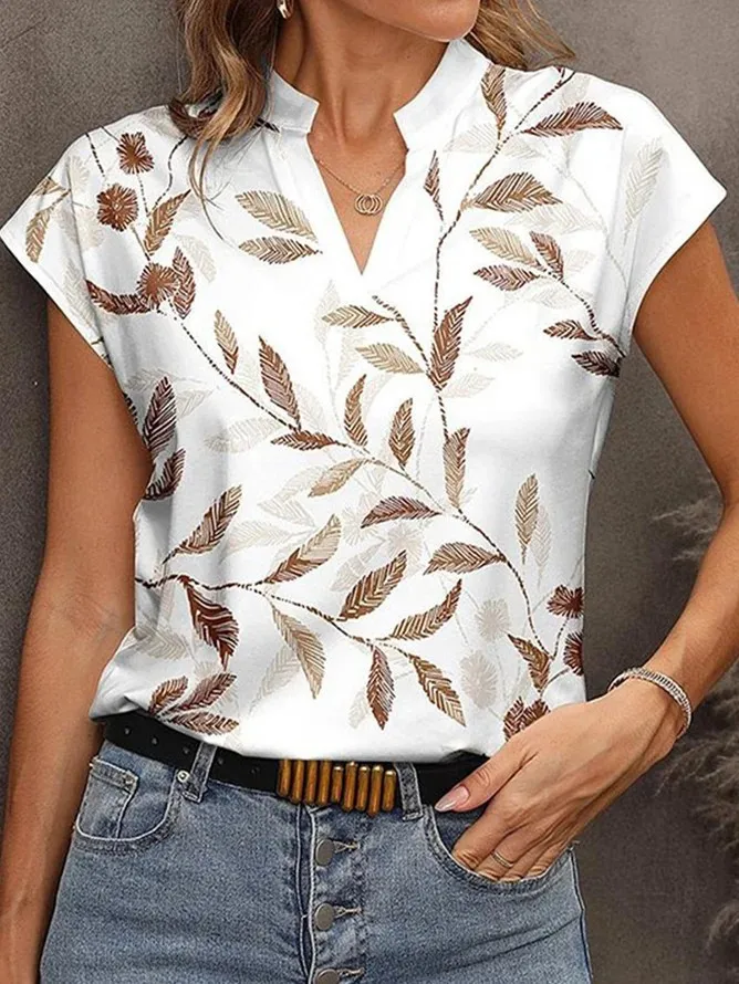 Faionable Summer Print V-Ne Ort Sve T-shirt da donna vestibilità ampia pianta fantasia floreale top trendy 2023 transfrontaliero