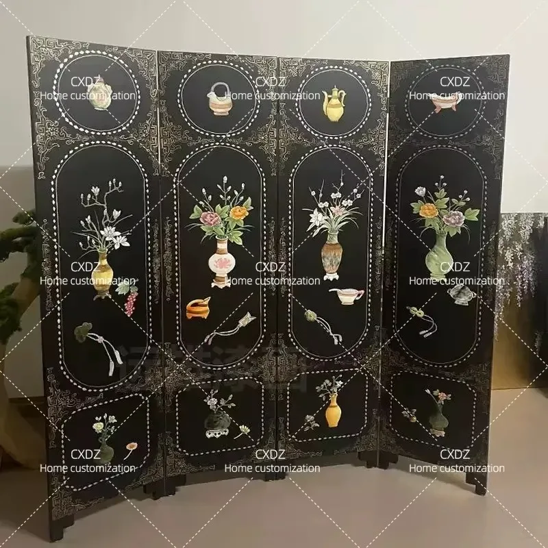 Custom Black Background Lacquer Painting Vase Chinese Screen Hand Painted Mobile Folding Room Divider for Living Room Bedroom