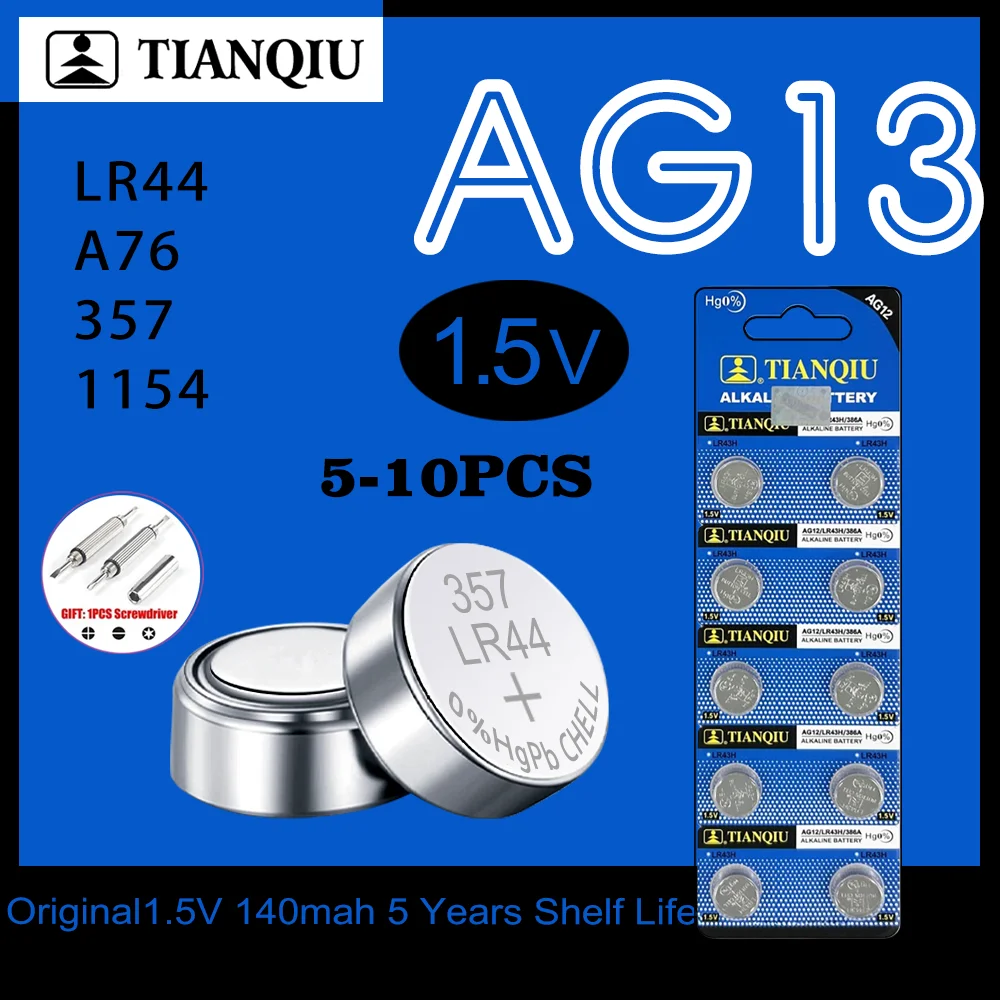 5-10AG13 Button Cell LR44 A76 357 357A LR1154 SR1154 SR44 GP761.55V Button Battery For Watch Car Key Remote Control Electric Toy