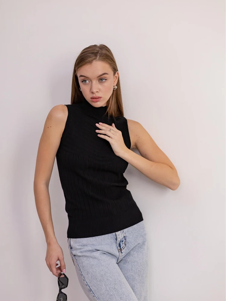 

Women's Summer Knitted T Shirt l Half High Neck Slim Fit Knitwear Sleeveless Versatile Bottom Solid Color Tank Top for Women