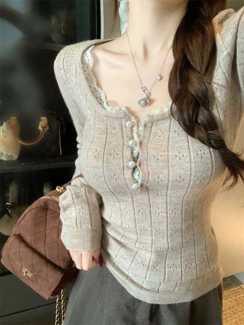 

Женский трикотажный свитер Ele с кружевными вставками и бисером, премиум-класса, с длинным рукавом, круглым вырезом, стандартный крой