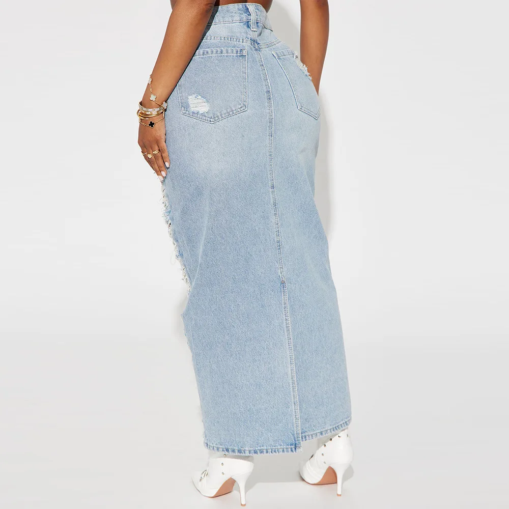 Szkzk Tassels Riped Hollow Out Split Denim Maxi Long Skirt With Pockets Women Sexy Night Clubwear Party Washed Denim Skirt