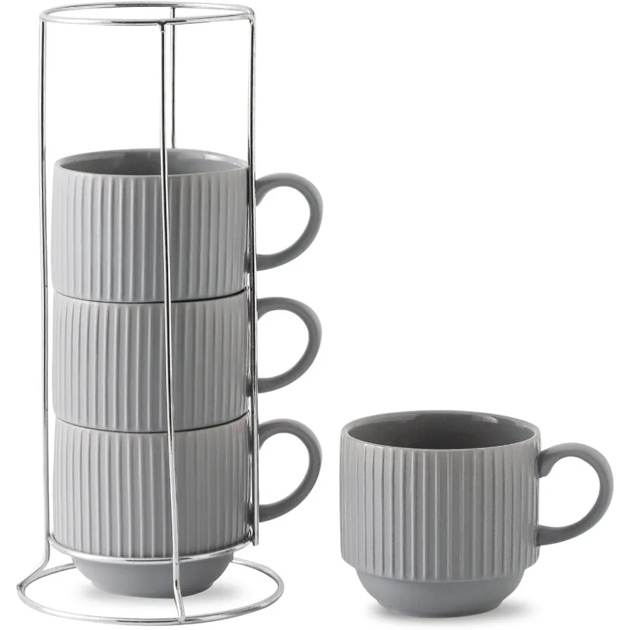 

Набор из 4 кофейных кружек с держателем для ежедневного использования в доме или офисе — большие керамические ребристые чашки для латте на 15 унций идеально подходят для крышек