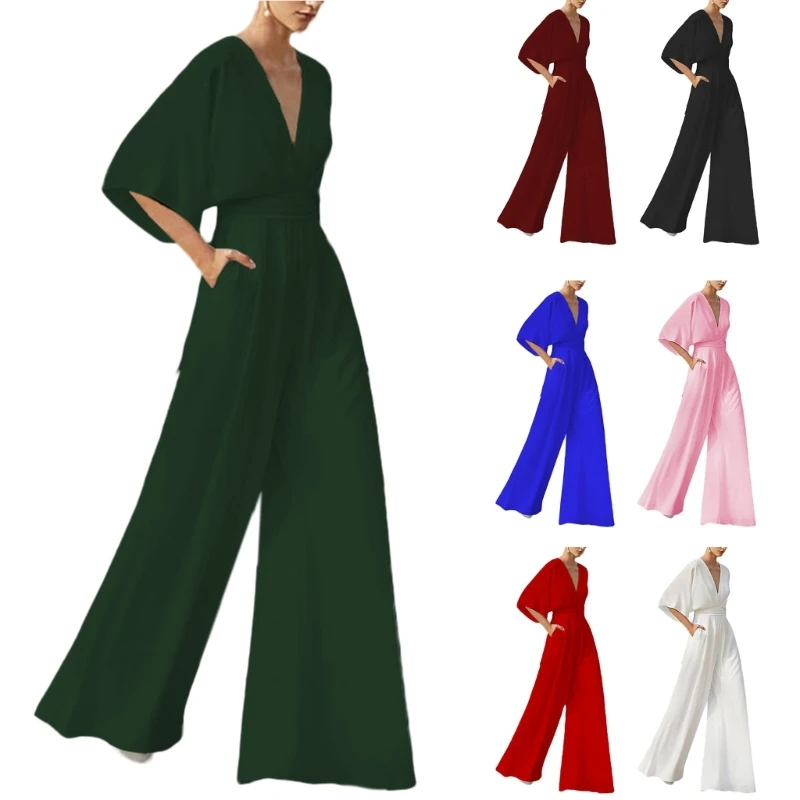 

New Women's Short Sleeve Neck High Waist Wide Leg Pants Jumpsuit Rompers