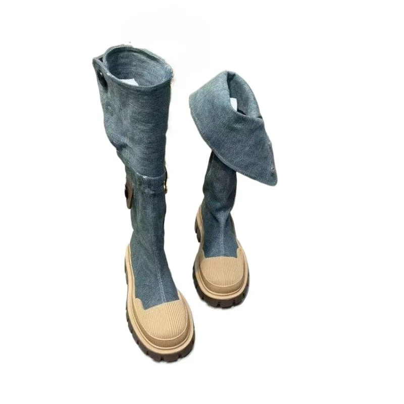 Women Flats Platform Fashion Denim Chelsea Boots Shoes Designer Knee High Motorcycle Boots Casual Goth Shoes Snow Botas Mujer