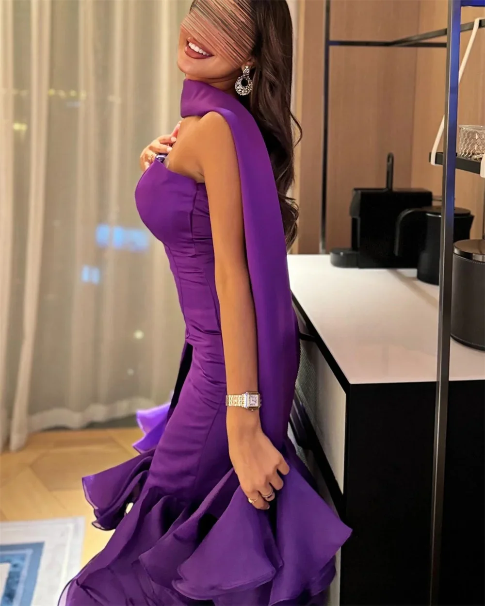 Customized Evening Gown Saudi Arabia Formal Strapless Trumpet Floor Length Skirts Fold Layered Hugging Sleeveless Contoured Besp