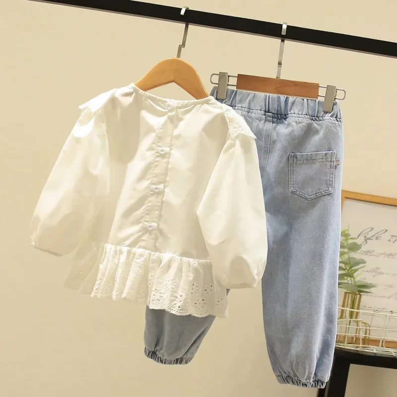 

New Autumn Children Girl Clothing Set 2-7Years Toddler Kids Long Sleeve Lace Shirt Tops+Pearl Denim Pant Jeans 2PCS Kids Clothes