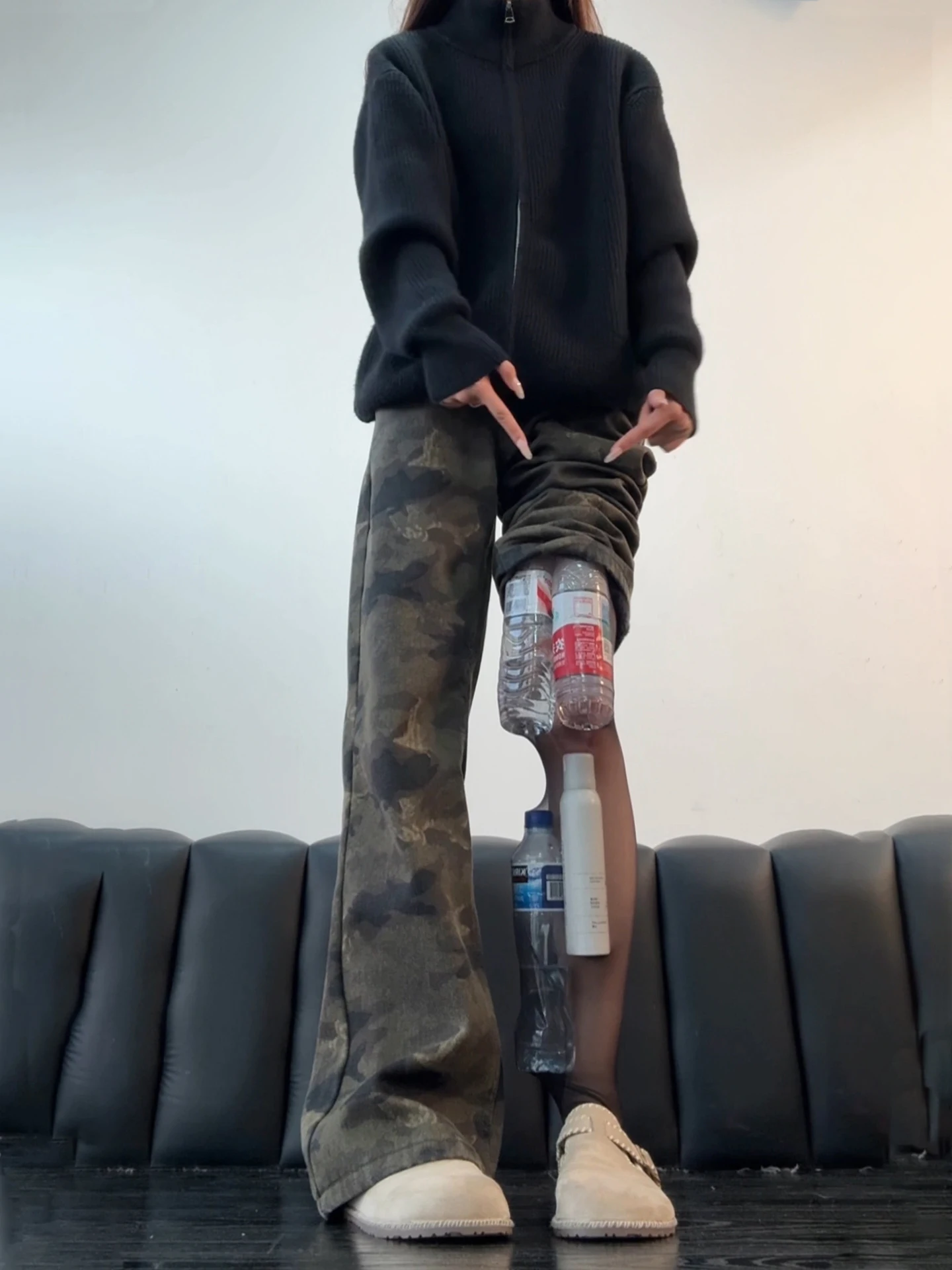 

American Retro Camouflage Fce Lined Jeans Men's Autumn Winter Straight Leg Long Leg Lengthening Knife Flared Pants
