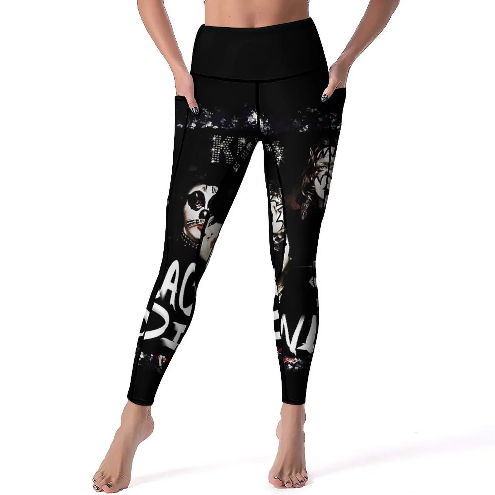 Kuss Band Leggings sexy Vintage Fan Kunst Fitness Gym Yoga Hose hohe Taille Stretch Sport Strumpfhose mit Taschen elegante Leggins