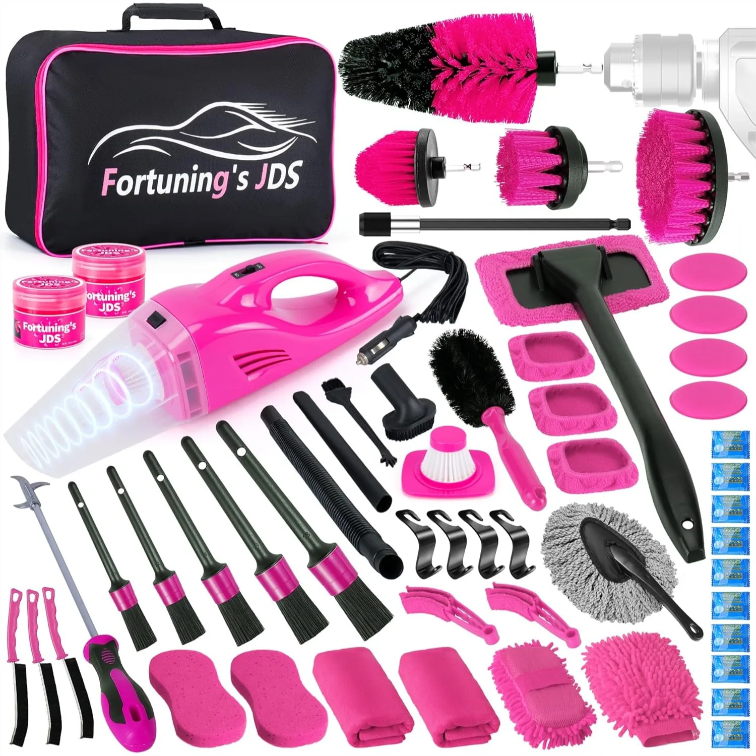 

55Pcs Pink Car Detailing Kit With High Power Handheld Vacuum Cleaner For Interior And Exterior Cleaning Car Wash Brush Set Car Accessories For Women