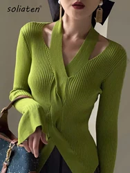 Women's Blouse Chic Hollow out Sexy knitted Pullovers for Autumn Female Korean Clothing Solid Full Sleeve Bottoming Shirt C-080