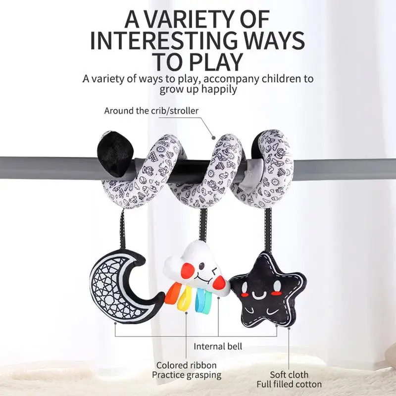 Juguete de actividad para cuna, juguete de peluche sensorial de alto contraste con campana, estimula los sentidos, suministros interactivos para niños pequeños para entretenimiento