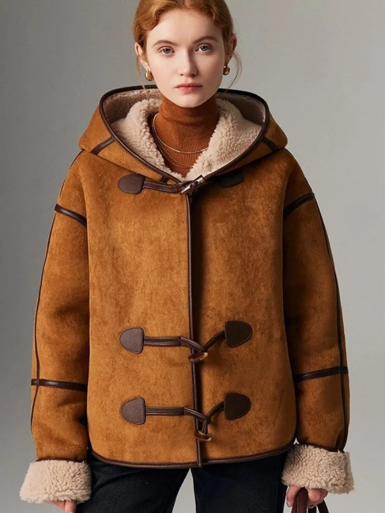 Winter Women Lambswool Coat Casual Loose Fit Horn Button Hooded Faux Suede Jacket Warm Ladies Vintage Sheep Shearing Outerwear