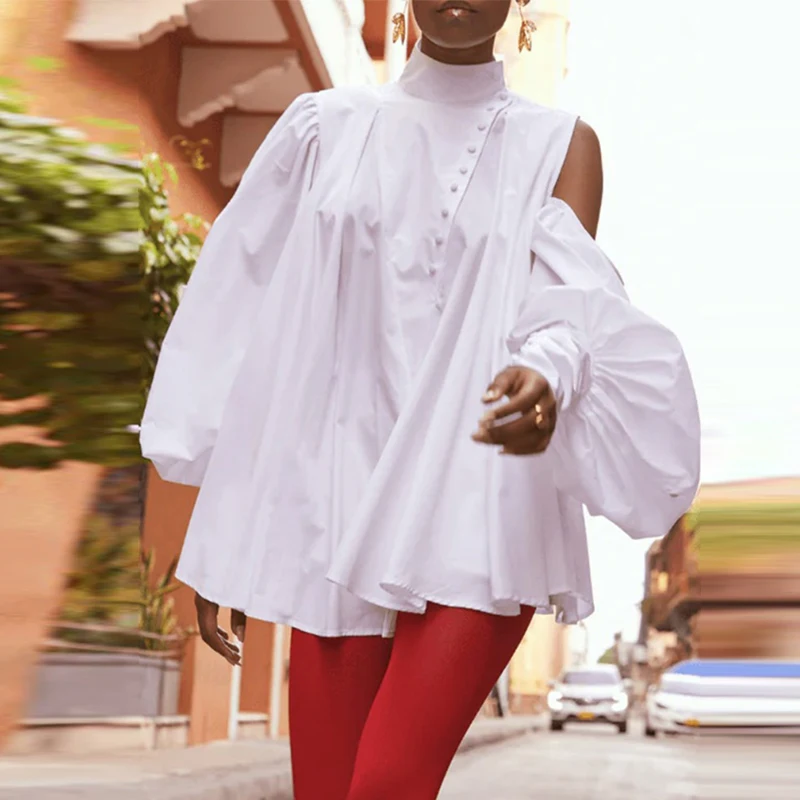 

Modigirl 2025 Cotton Women Tops and Blouses Summer Fall High Neck Casual OverSize Puff Sleeves Buttoned Streetwear Shirts Female