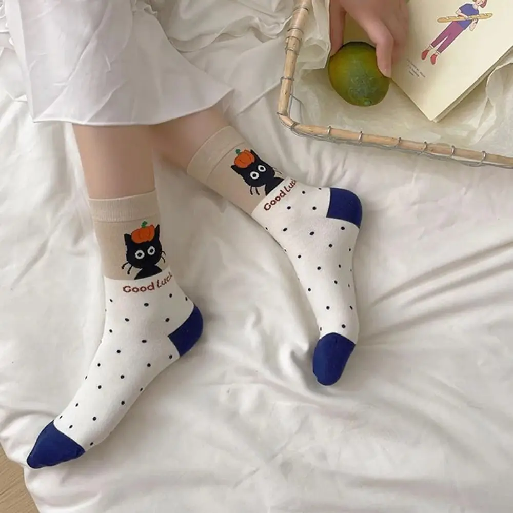 5 Pairs Sweet Cat Middle Tube Socks Thickened Breathable Polka Dot Socks Cat Wave Point Hosiery Knitted Mid-tube Socks Autumn