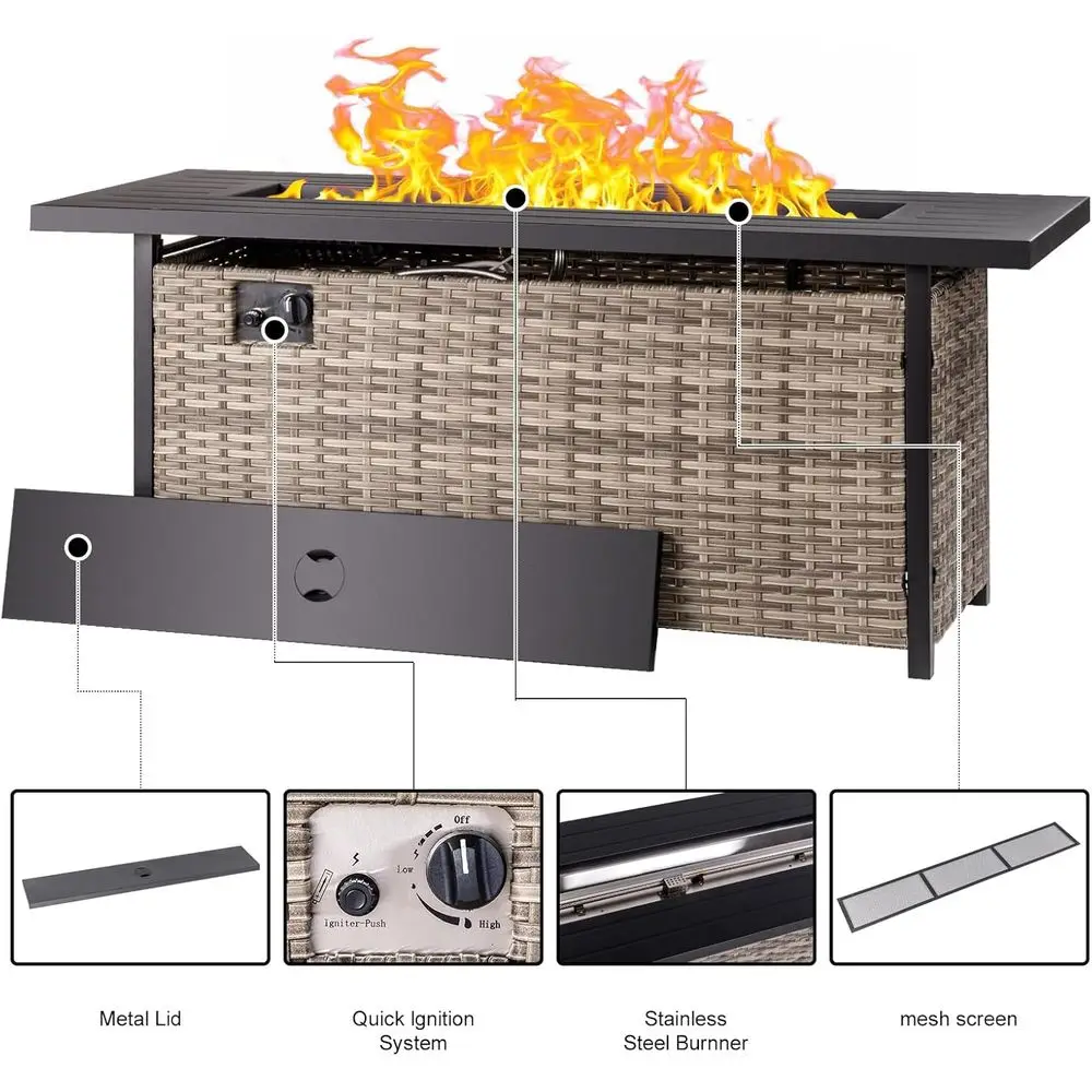 57 طاولة حفرة نار من البروبان مع غطاء مقاوم للماء وجوانب الروطان، وغاز 50000 وحدة حرارية بريطانية، وتناول الطعام في الهواء الطلق وسخان الفناء للحفلات