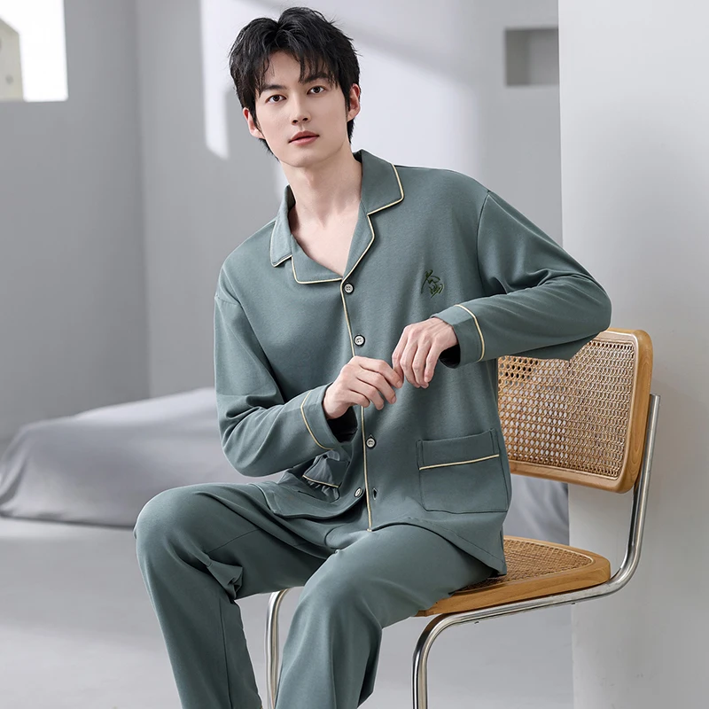 

Мужской пижамный комплект, хлопковый осенний однотонный мужской пижамный комплект с длинным рукавом, весенняя ночная рубашка с воротником с лацканами, мужская одежда для сна