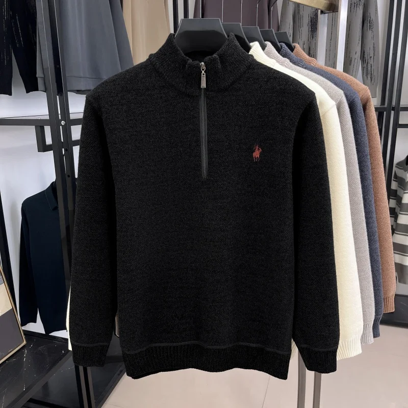 Luxuriöser Herren-Langarm-Strickpullover mit halbem Reißverschluss, Pferde-Stickerei, Stehkragen, Winter-Neuheit, Warmer, Stilvoller, Verdickter Herrenpullover – Detail 13