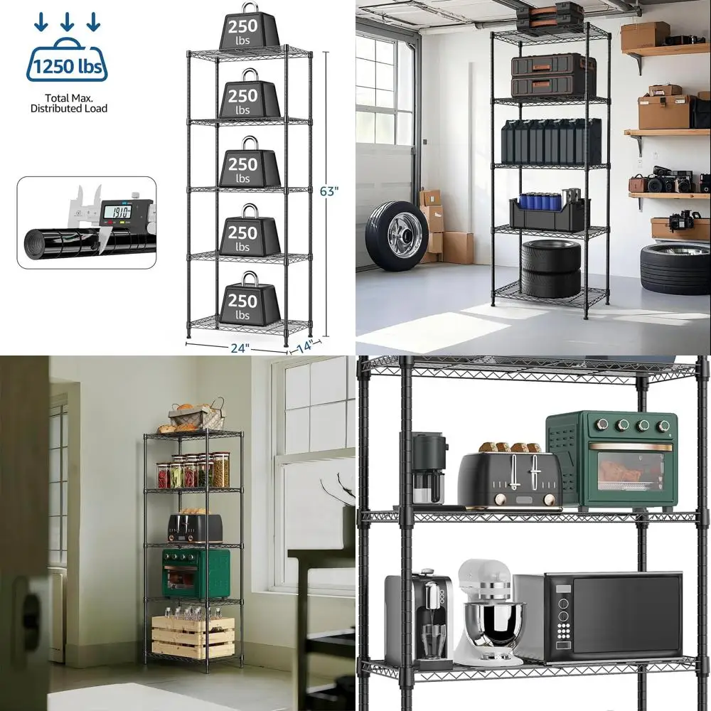 

5 Tier Metal Storage Shelves with Wheels, Black, 13.7x23.6x62.4 for Garage, Kitchen, Bathroom, Laundry