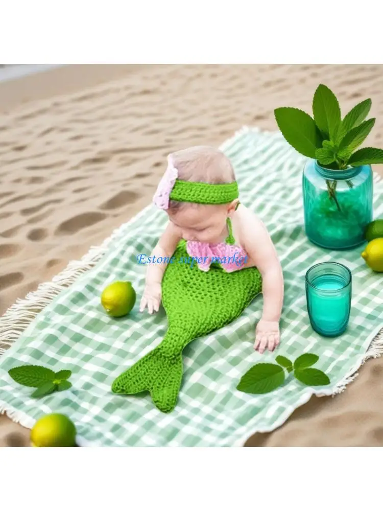 

090B Knitting Newborns Sea-maiden Costume for Comfort and Safe Baby Photography