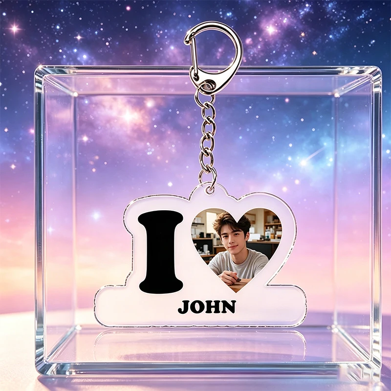 Acrylic Custom Heart Shape Photo Name Pendant Keychain Transparent Acrylic Plate Couples Picture Names Personalized Key Ring