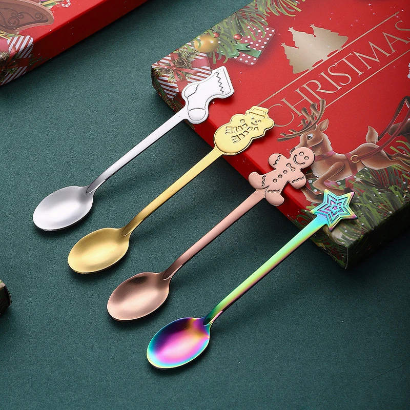 Christmas Element Stainless Steel Coffee Spoon Dessert Fork Creative Engraving Present Package Delicate Suit Camping Applicable