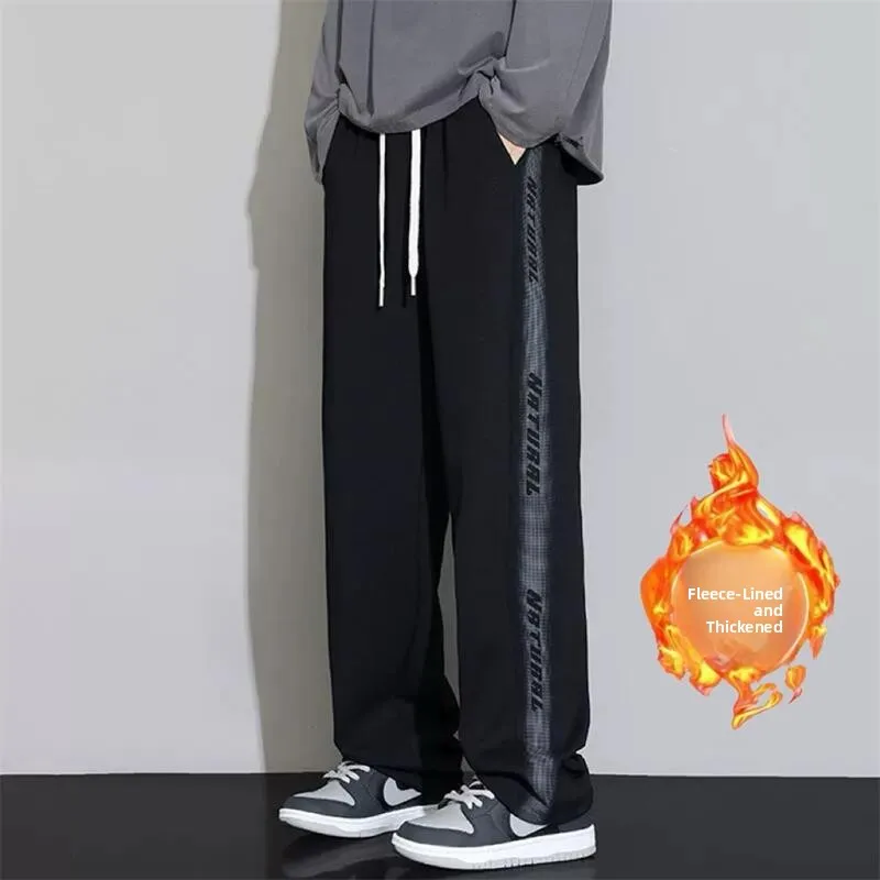 

American Casual Thiened Fce Lined Loose Straight Leg Pants Men's Autumn Winter Long Trousers Youth Active Sle Daily Wear