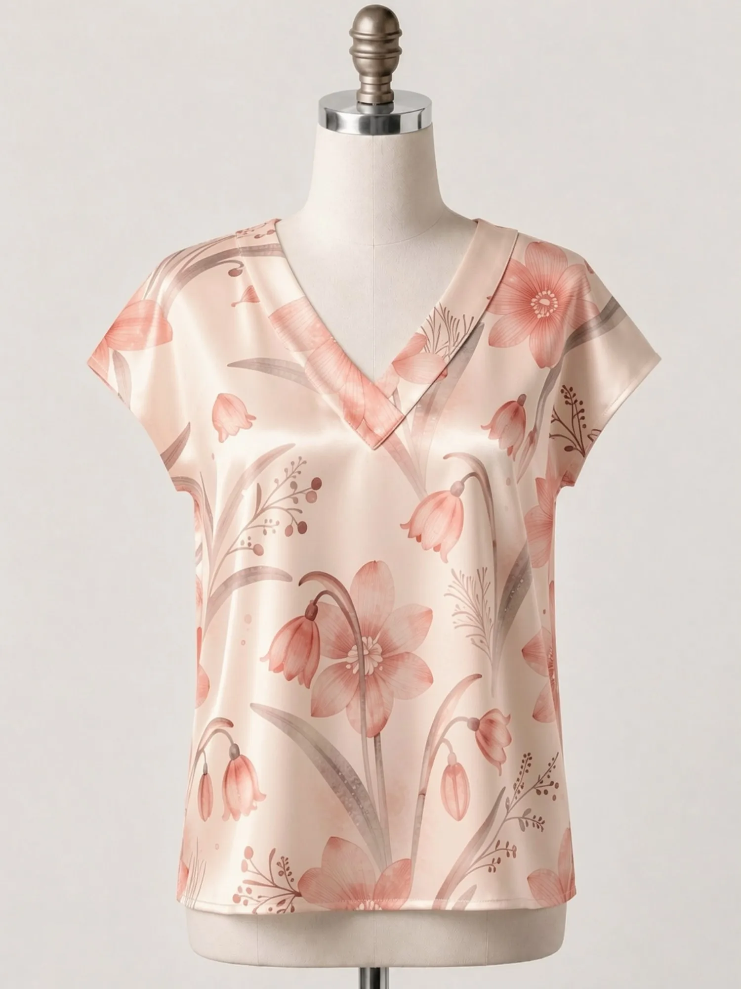 Floral Satin V Neck Top for Women Cap Sleeve Flowy Draped Fit Silky Elegant Holiday Travel Wear Lightweight Breathable Versatile