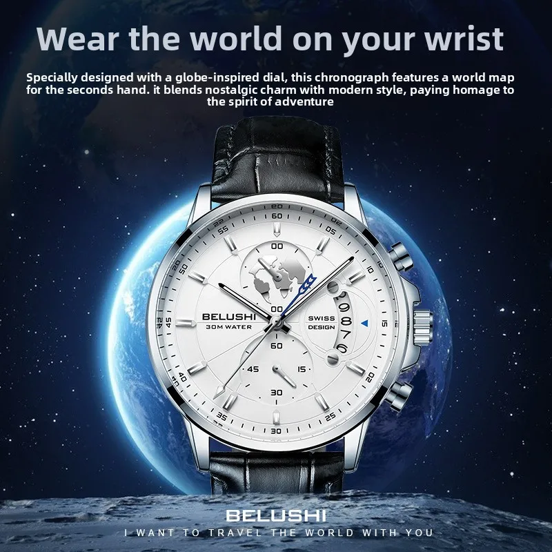 Nouvelle montre chronographe à trois aiguilles en cuir véritable lumineuse avec bracelet en acier, élégante montre pour homme