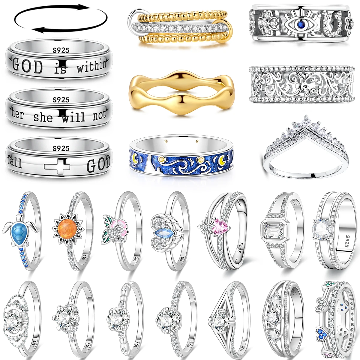 

Original 925 Sterling Silver Silver Sea Turtle Sunflower Rings Star Lotus Zirconia Ring Anniversary Delicate Fine Gift Accessory