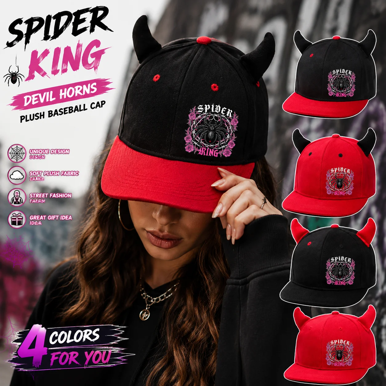 1 Halloween baseball cap, Gothic spider rose print flat edge button up hat, punk hip-hop streetwear men's and women's hats