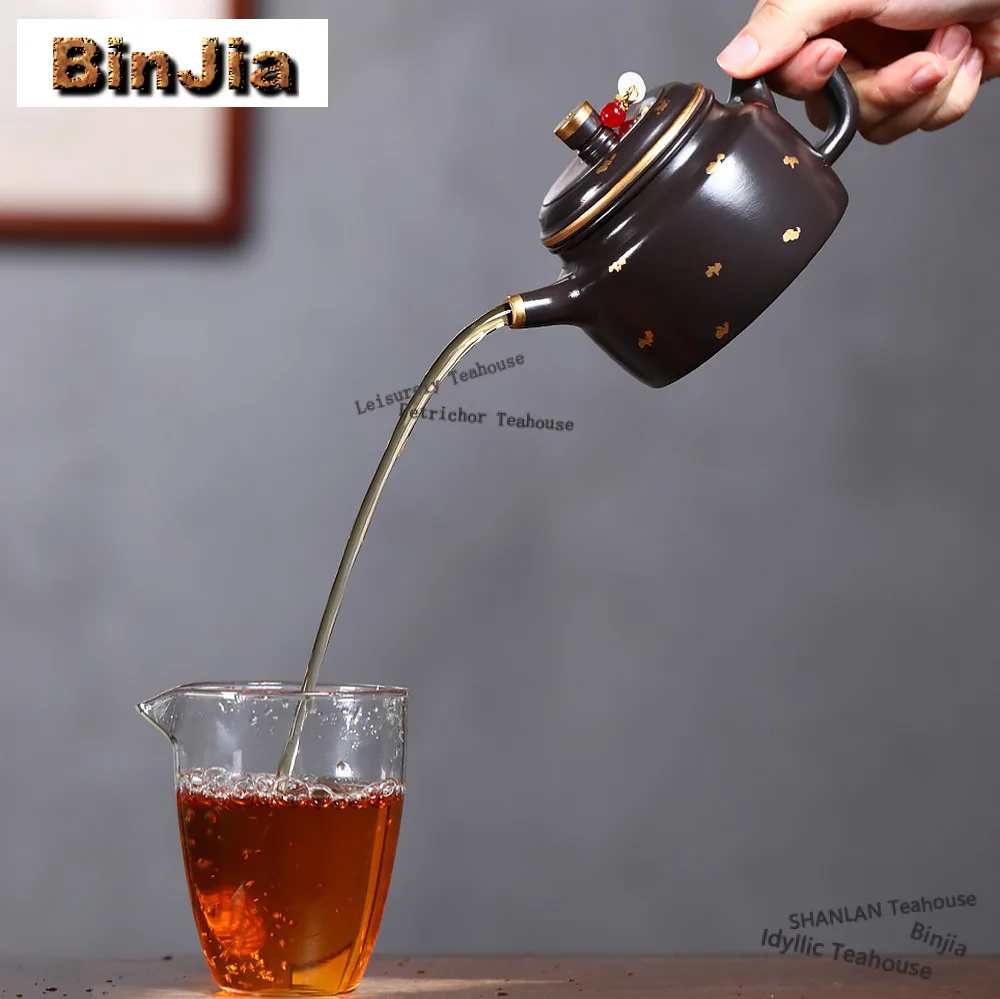 260ml Antique Yixing Purple Clay Teapots Handmade Gold Drawing Dezhong Pot Raw Ore Aged Black Mud Kettle Zisha Tea Set Gifts