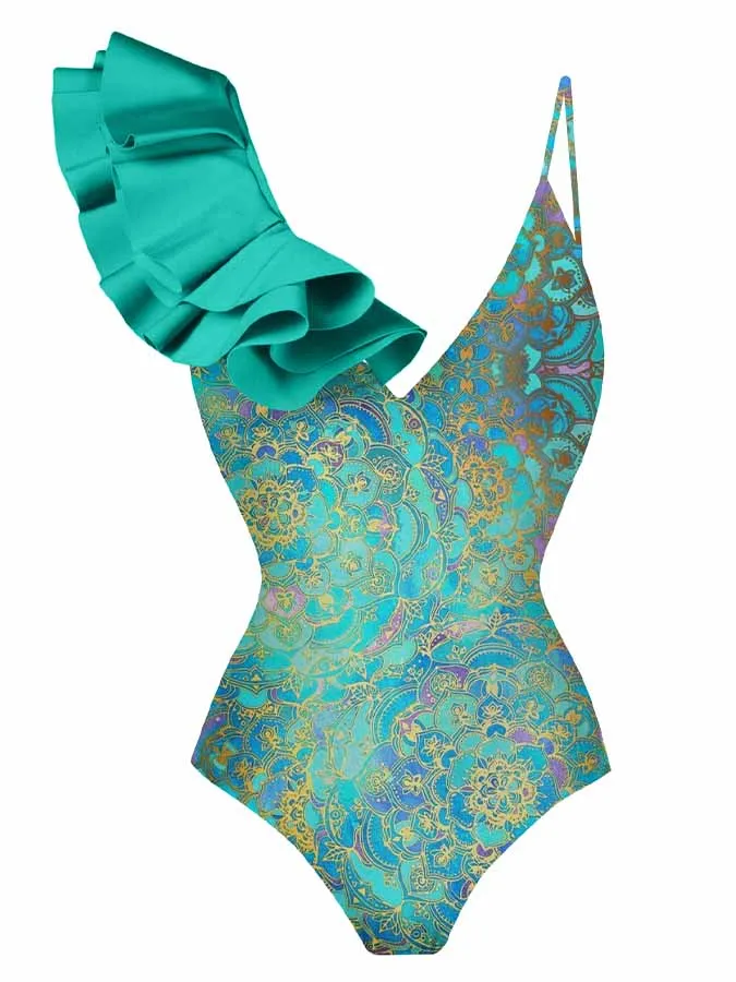 Bañador con estampado Floral y volantes para mujer, traje de baño de una pieza con cuello en V, estilo playero, para vacaciones de verano, 2023