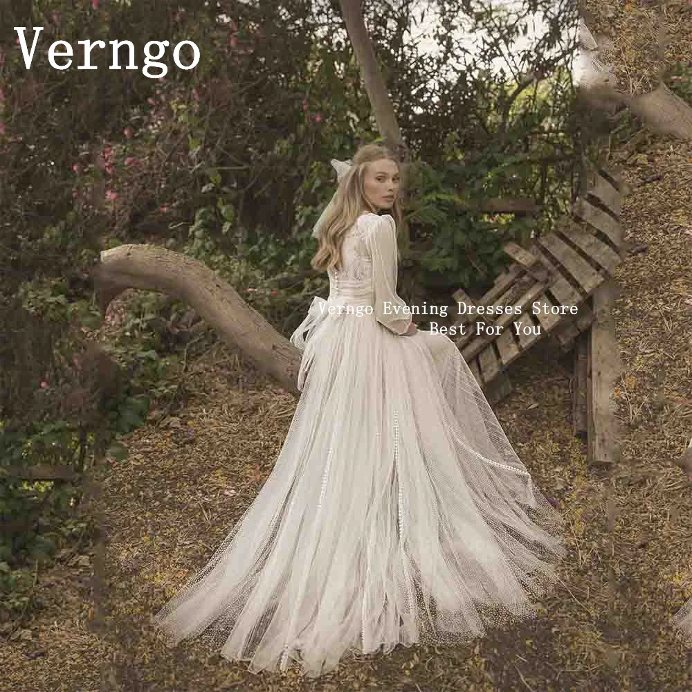 

Verngo lvory Tulle Simple Party Dress For Women High O Neck Full Sleeves Prom Gowns Elegant Pleat Lace-up Foraml Evening Gowns